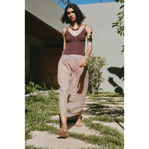 Zara Wrinkle Effect Elastic Waist Pale Pink Lined Midi Skirt - Picture 3 of 9